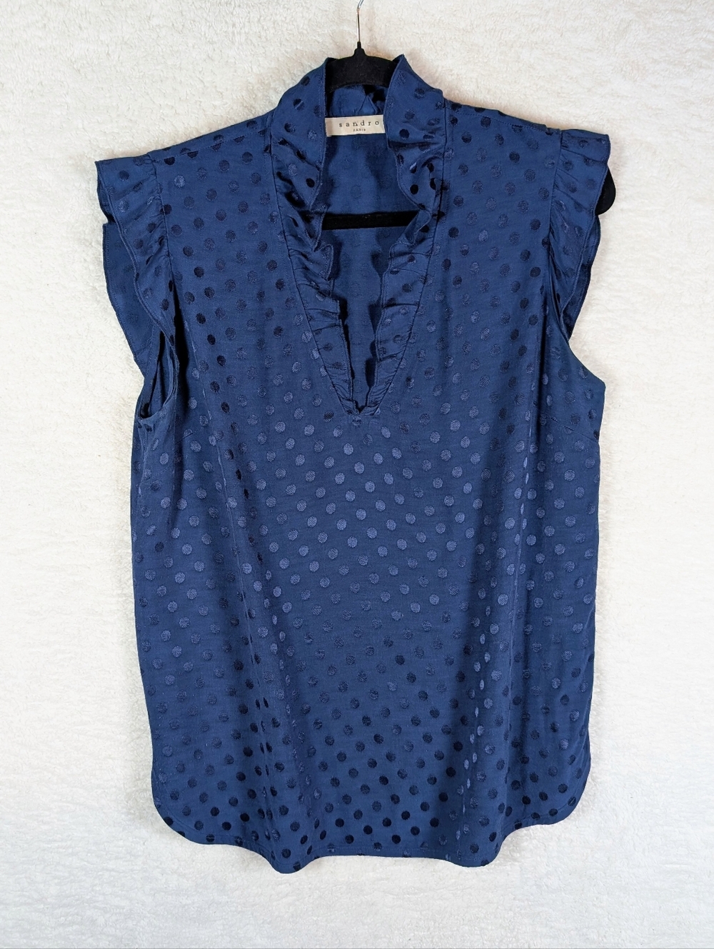 534-Sandro‎ Navy Textured Dot Ruffle V-Neck Sleeveless Camisole